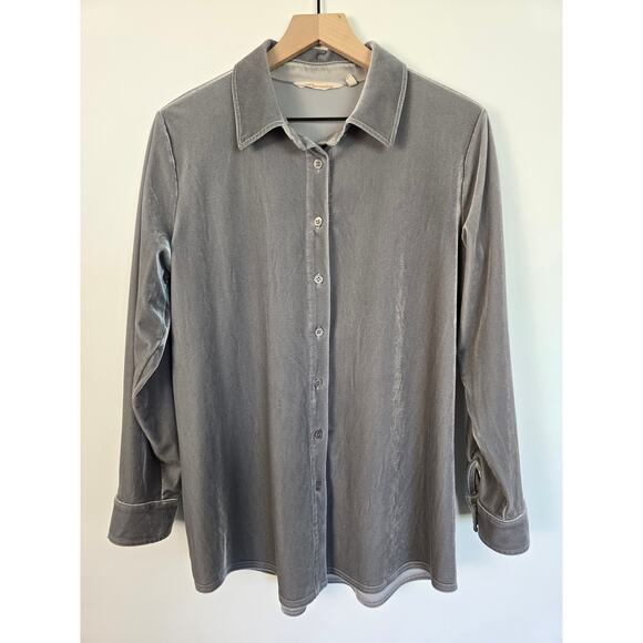 Soft Surroundings Gray Velvet Velour Button Down Shirt Size M Luxe Long Sleeve - Picture 1 of 3